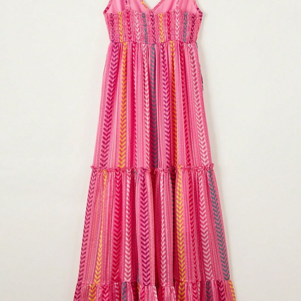 Hot Pink Boho Women's Western Geometric Tie Ruffle Halter Long Dress - Picture 7 of 8